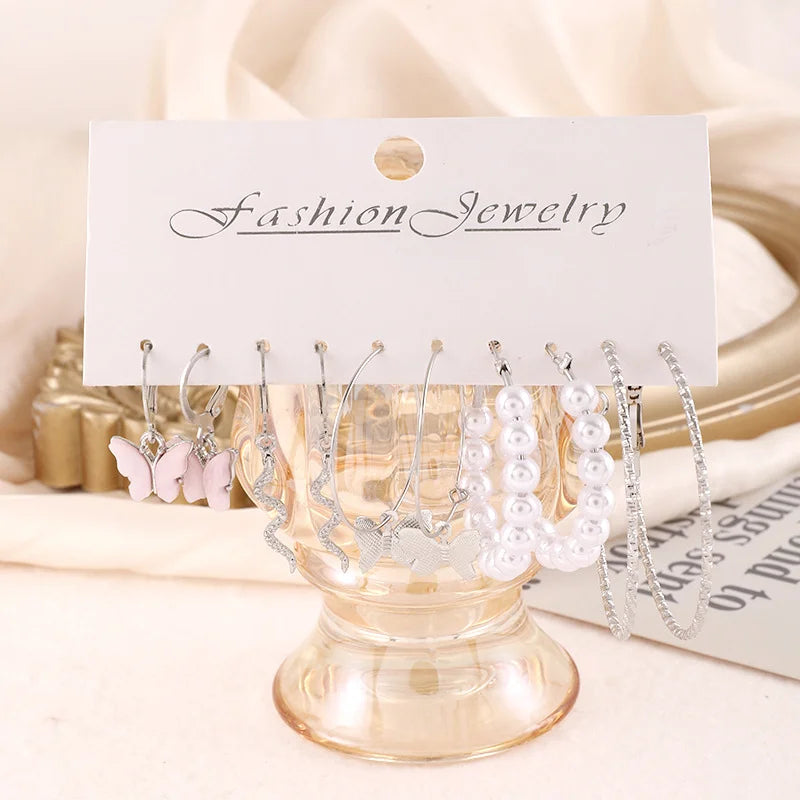Women's Pink Butterfly Earrings Swirly Dangles/Imitation Pearl /Textured Silver Color Hoop Earrings Diverse Earring Set