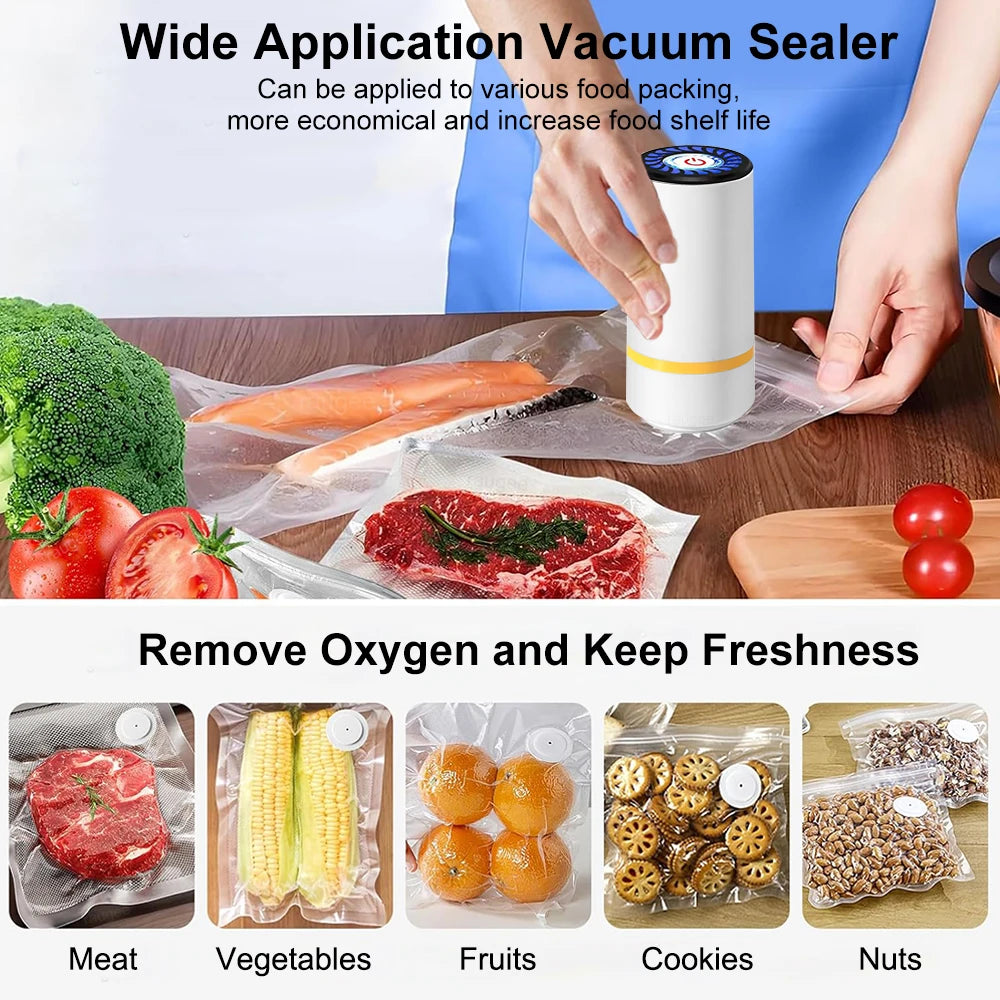 Electric Air Pump Rechargeable Automatic Vacuum Compression Machine for Food Fresh-Keeping with BPA-Free Vacuum Packaging Bag