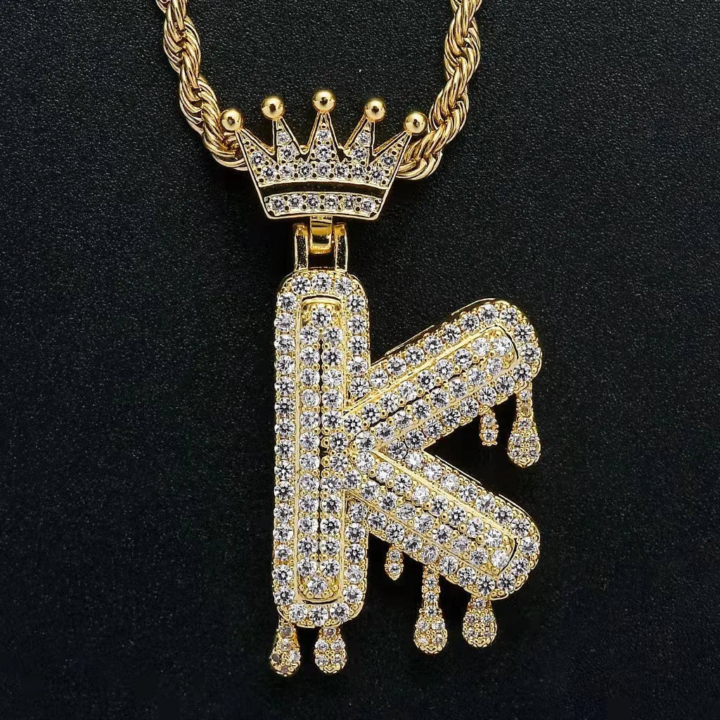 Hip Hop Iced Out Bling Cubic A-Z Drip Crown Zircon Initial Letters Necklaces Pendant Necklace Chain Men Jewelry with Rope Chain