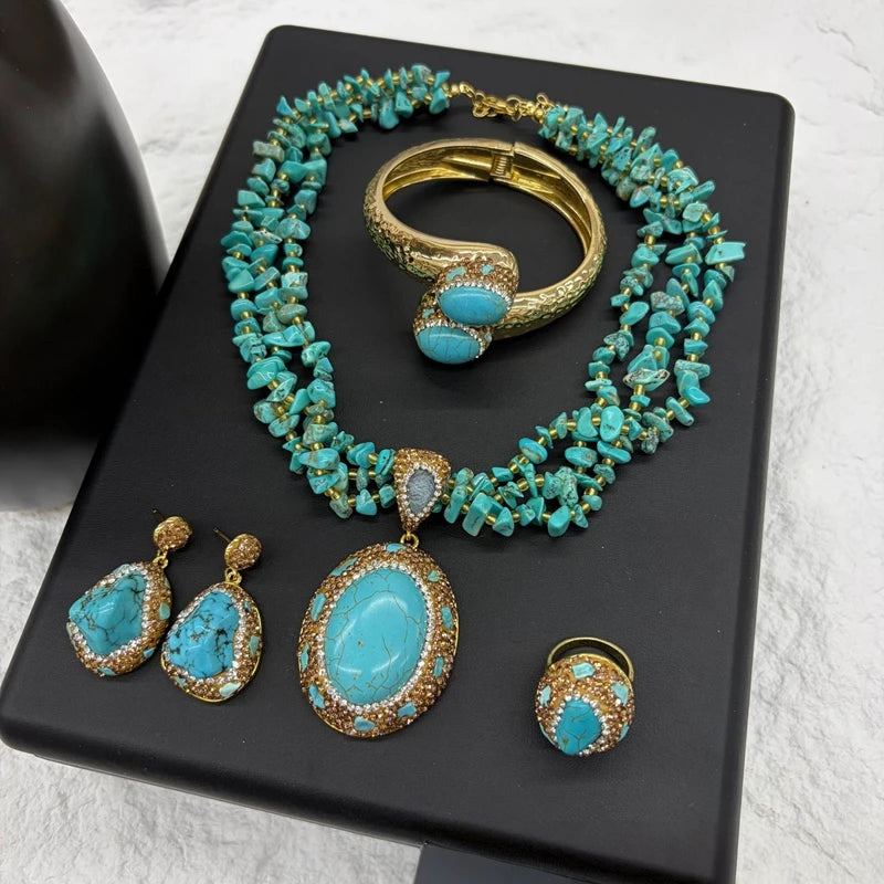 Vintage 4pcs Necklace Earring Ring Bracelet Crystal Stone Jewelry Sets for Women Natural Amethyst Tigers Eye Statement Jewelrys