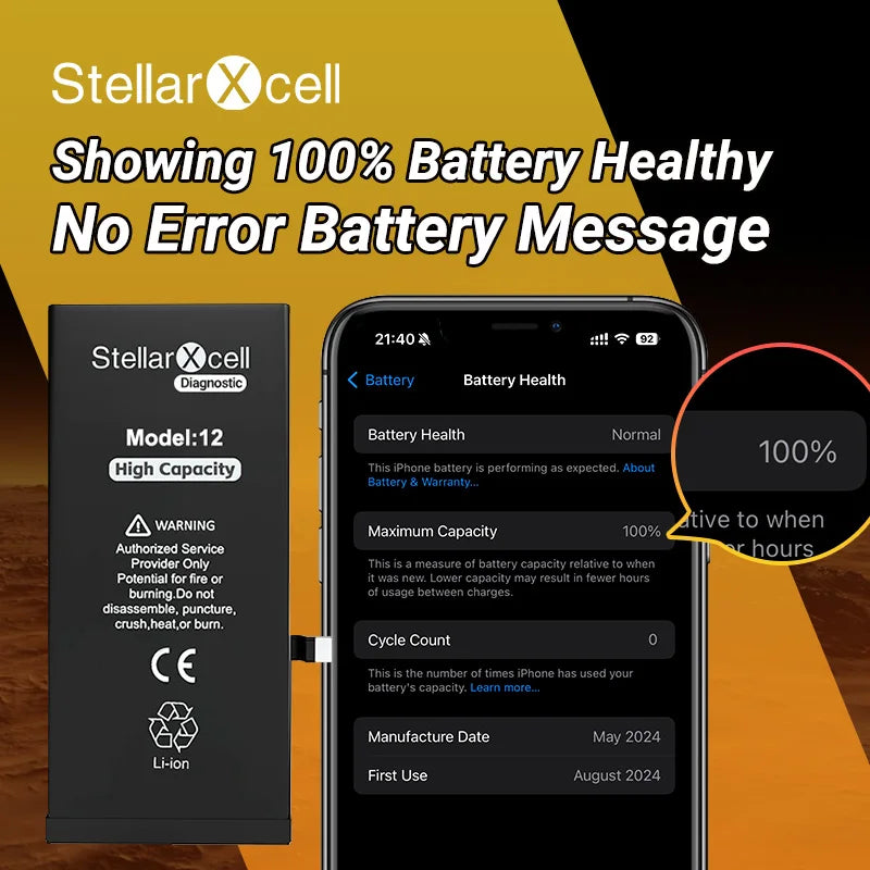 StellarXcell Diagnostic Battery Show Genuine Part No Pop Up Message for iPhone 12mini 13Pro 14Plus 15Promax Battery Replacement