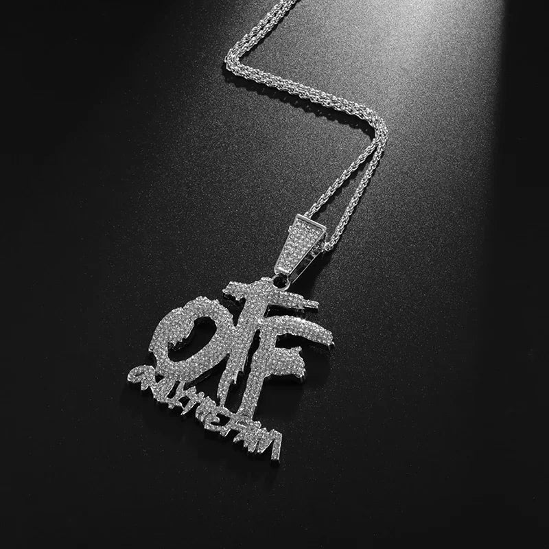 Luxurious Ice Crystal Zirconia Letter Otf Letter Pendant Necklace for Men and Women Fashion Rock Party Birthday Jewelry Gift