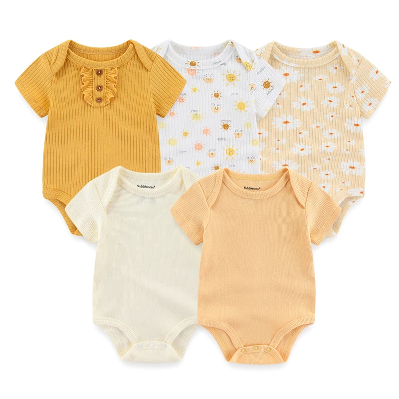 Newborn Bodysuits Unisex 5Pieces Baby Girl Clothes Solid Color Cotton Baby Boy Clothes Set Cartoon Print Summer Bebes