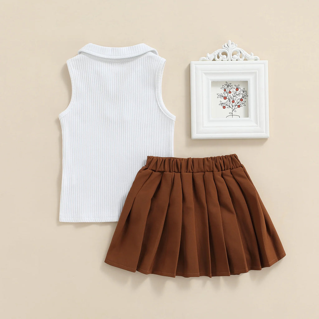 2-7Y Kids Girls Summer Clothes Sets 2026 Fashion Ribbed Sleeveless Tops + Pleated Skirts Sweet Outfits for Children Baby