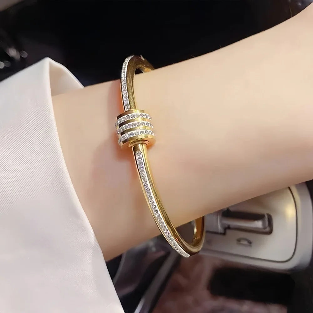 1Pc Rotatable Lucky Cuff Bangle, Full Rhinestone Open Bracelet, Ideal for Daily Wear & Gift