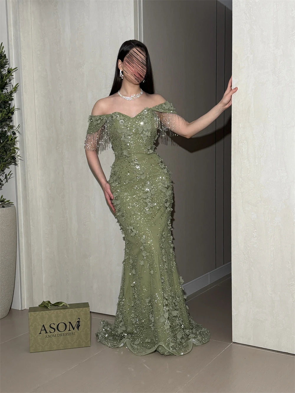 Contessa Custom Sage Green Off Shoulder Tassel Sleeve Mermaid Prom Dress 3D Floral Sequined Long Evening Dress Formal Party Gown