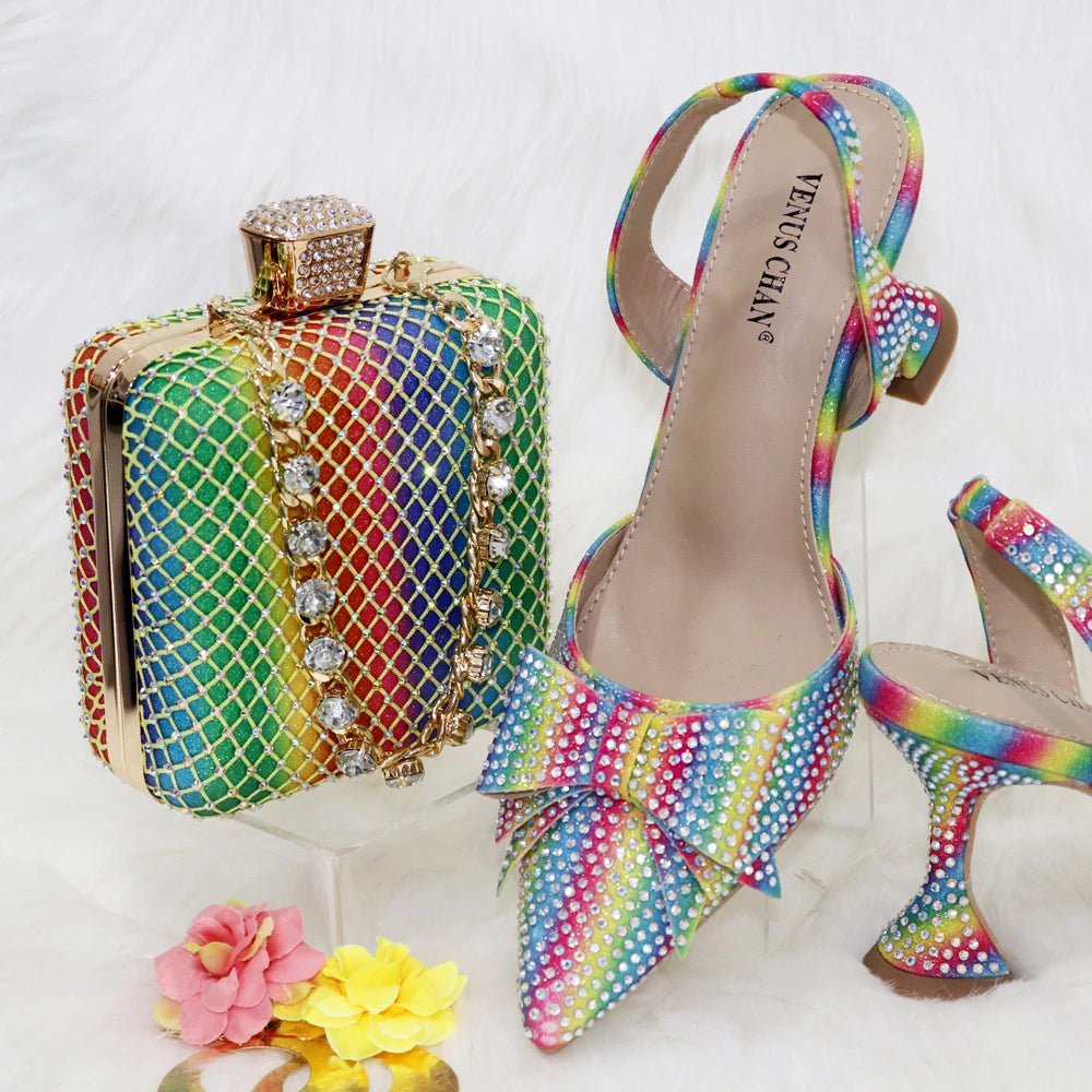 Venus Chan Bridal High Heels for Women 2023 Pointed Toe With Bows Gold Color Rhinestone  Elegant Party Wedding Shoe and Bag Set