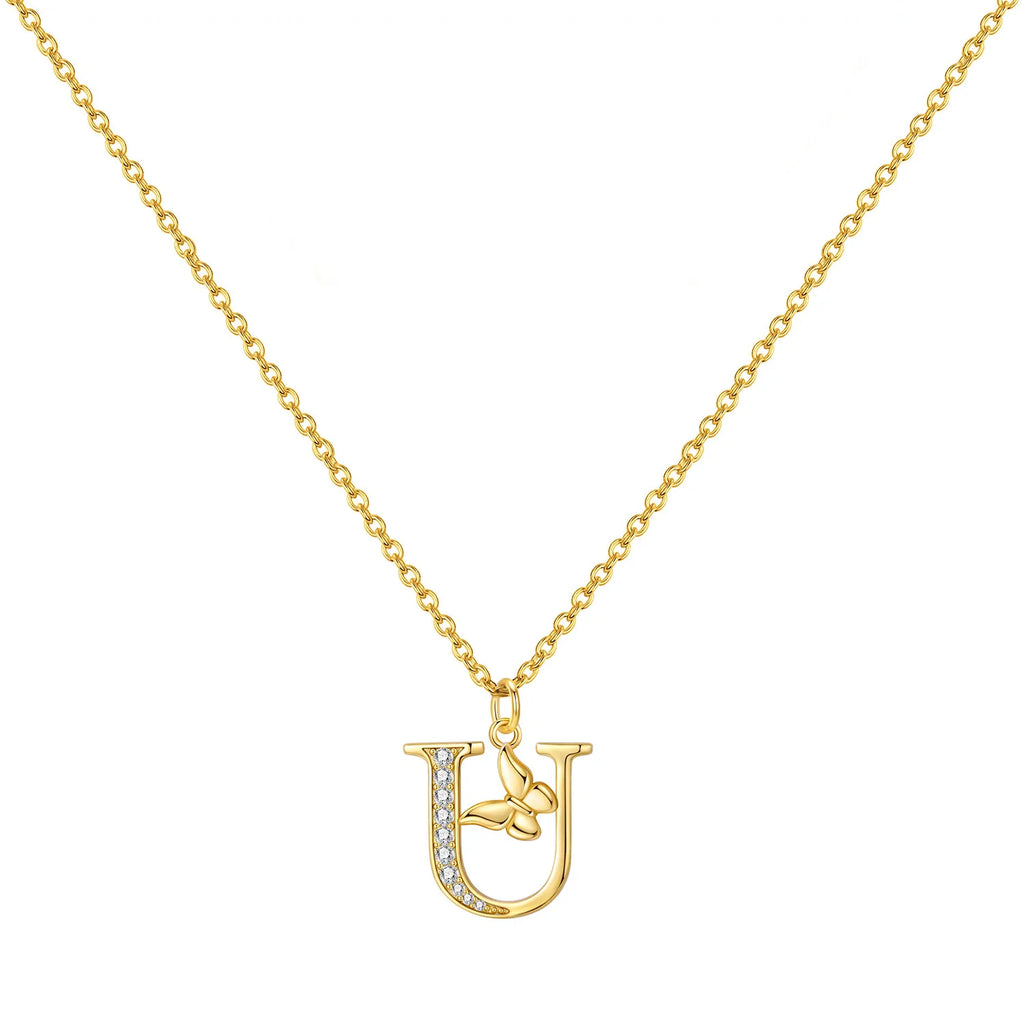 Original 925 Sterling Silver 18K Gold Zircon Butterfly A-Z 26 Letter Y-shaped Chain Necklace For Women Commemorate Jewelry Gift