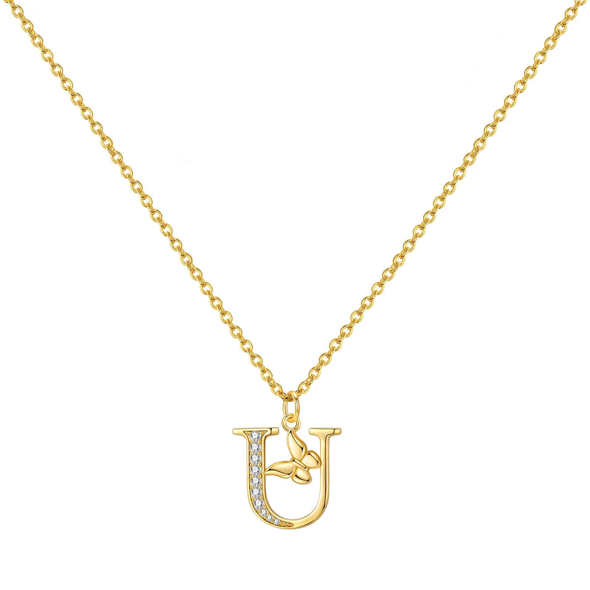 Original 925 Sterling Silver 18K Gold Zircon Butterfly A-Z 26 Letter Y-shaped Chain Necklace For Women Commemorate Jewelry Gift