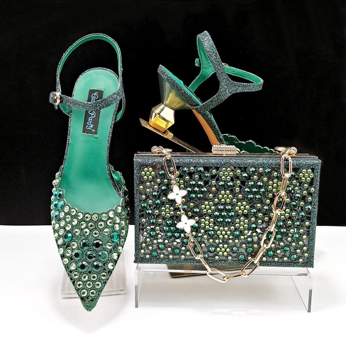 Happy Time Exquisite ! African Women's Shoes And Star Bag Rhinestone Embellished Pointed Toe Cutout Heels Square Clutch Bag