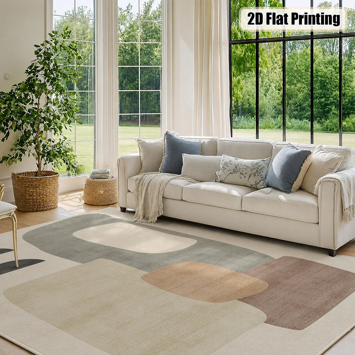 Large Abstract Geometric Area Rug, Soft Velvet Low Pile with Non-slip Dotted Backing, Machine Washable Neutral Modern Indoor Floor Carpet for Living Room Bedroom Decor