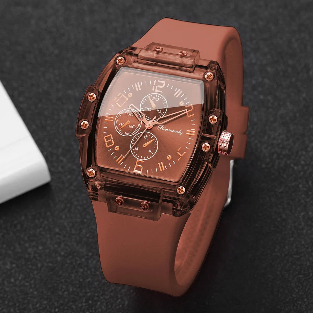 Stylish Women Quartz Watch Brown Silicone Strap Tonneau Dial Students Sports Wristwatches Relogio Feminino（Without Box）