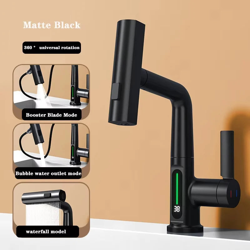 Intelligent Digital Display Pull Out Kitchen Faucet Cold Hot Mixer Taps Rotatable Sink Lifting Basin Faucet