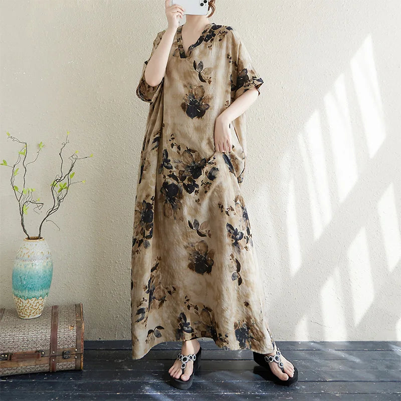 V-Neck Loose Cotton Linen Beach Skirt Summer Casual Long Dress Cover up Retro Style Holiday Fashion plus Size Women's Dress