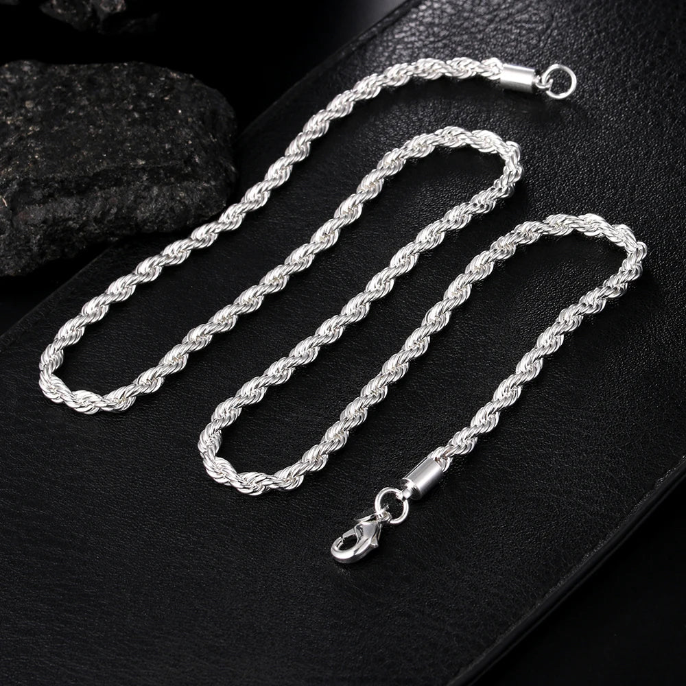 high quality silver color 4MM women men chain male twisted rope necklace bracelets fashion Silver jewelry Set