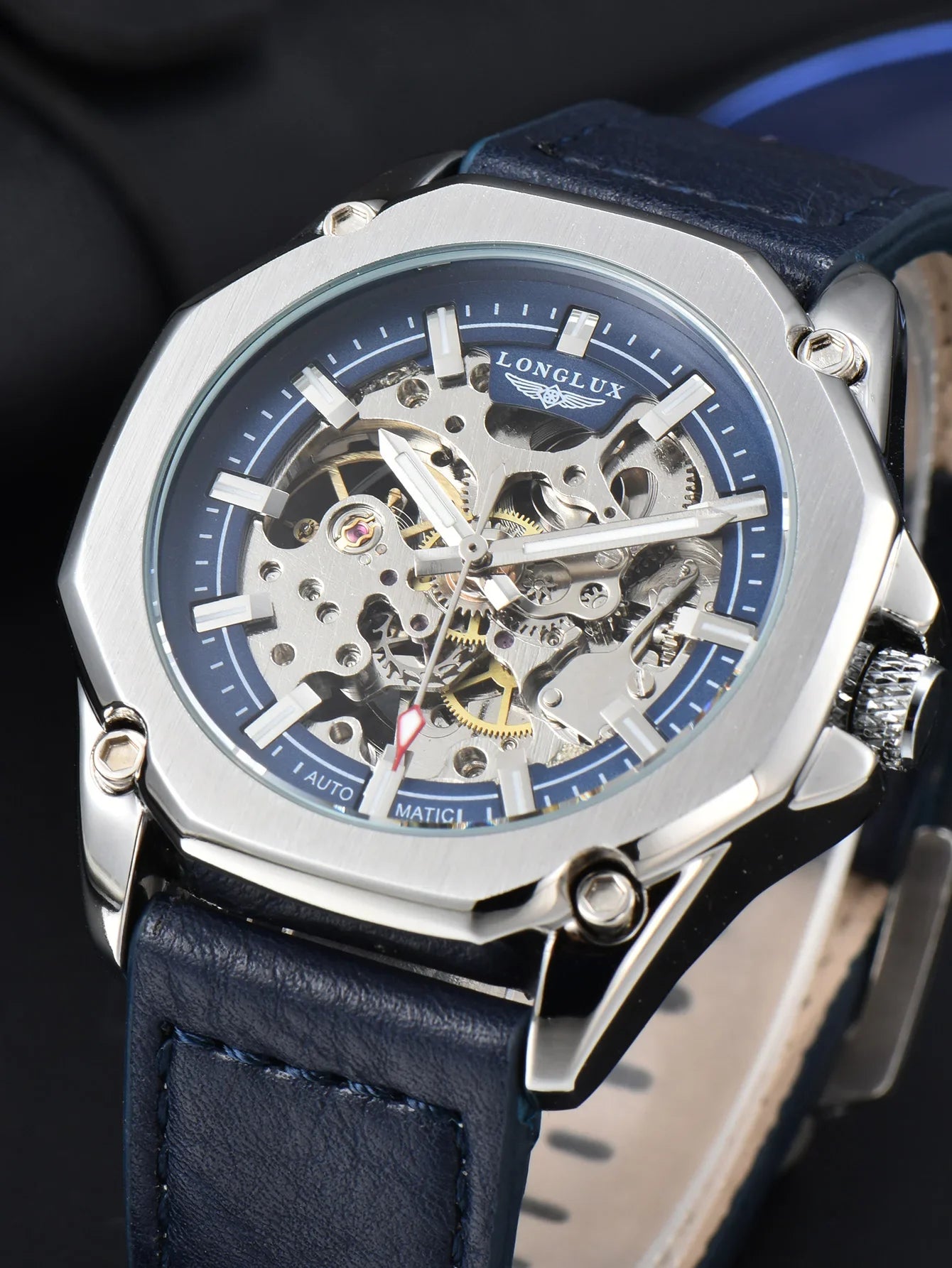 LONGLUX Automatic Watch Sport Style Wholesale Mechanical Wristwatches Fashion Hollow Leather Mens Watch Men Gift