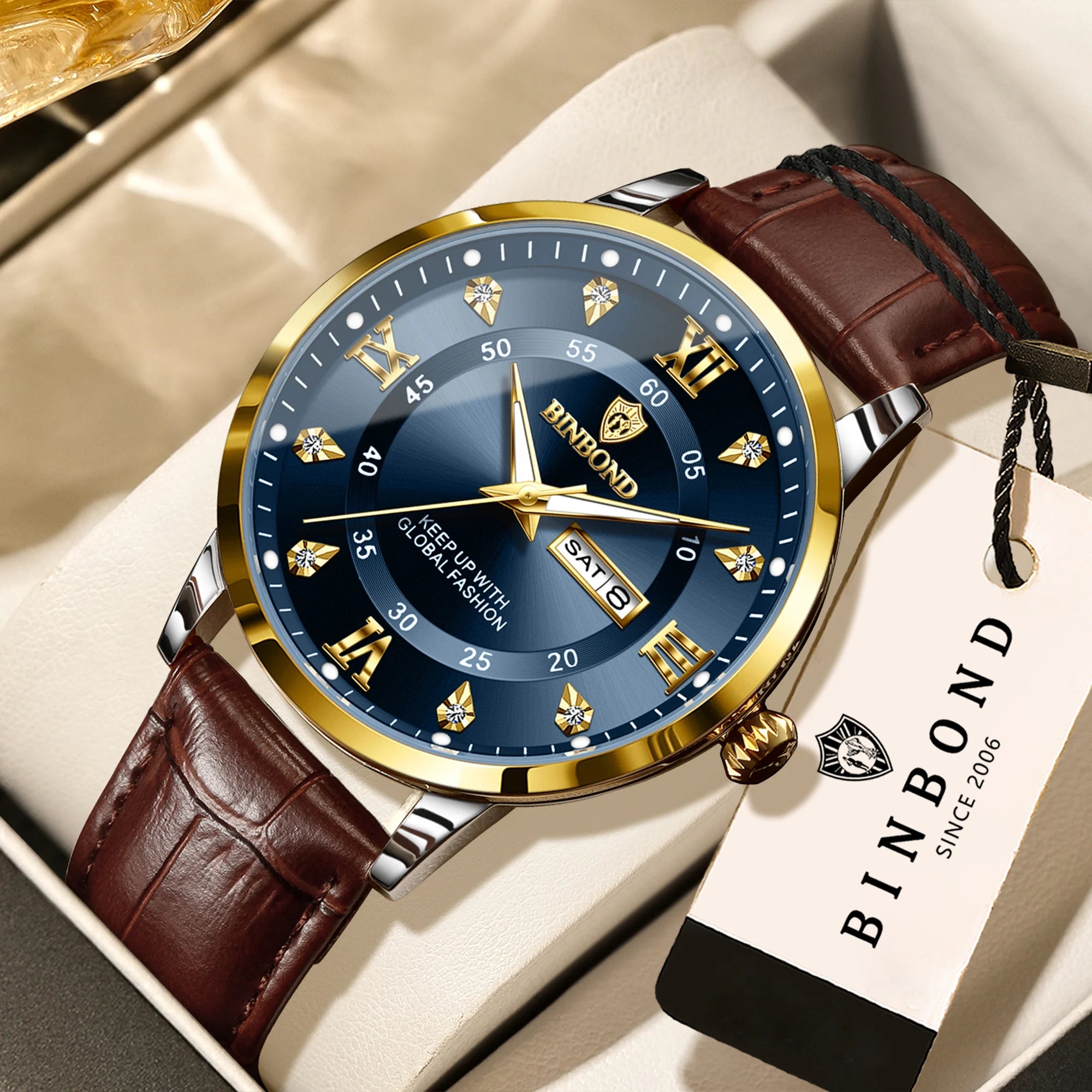 BINBOND quartz watches for men luxury sturdy luminous waterproof auto date week display accurate men's watch business reloj