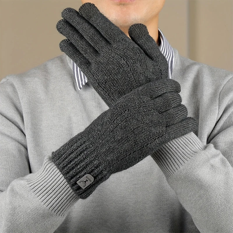 2026 Men's Thermal Wool Knitted Gloves Non-Slip Touchscreen Fleece Lined Warm Full Finger for Cycling Driving Hiking Winter