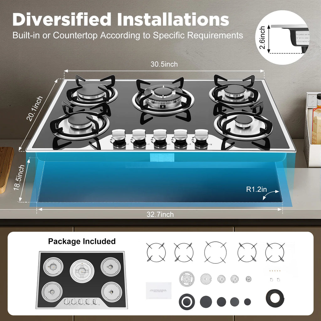 5 Burners Built-in Gas Stove, Dual Fuel NG/LPG Convertible Gas Hob, Oversized Cooking Surface 30.31*20.08” for Home Kitchens, Restaurants