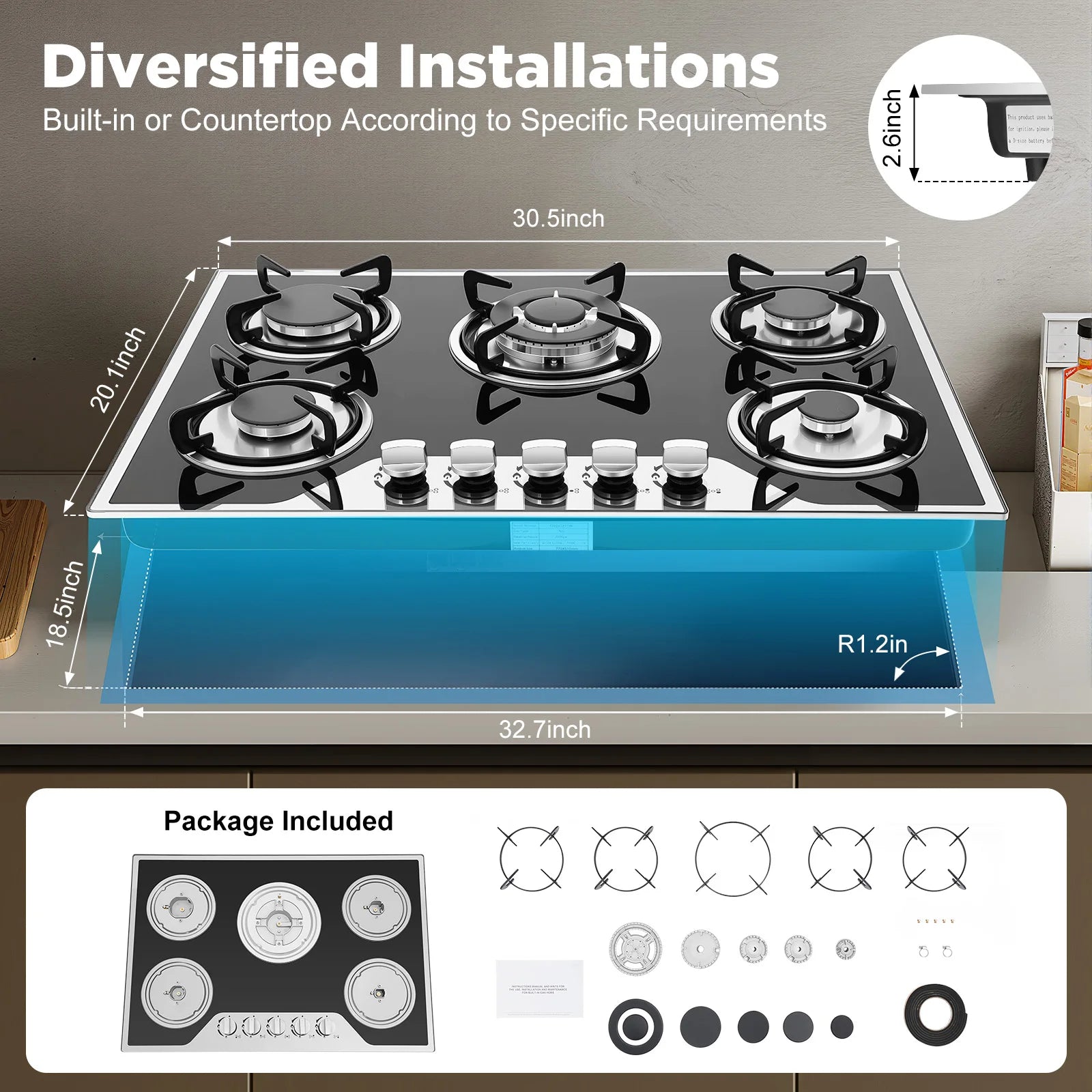 5 Burners Built-in Gas Stove, Dual Fuel NG/LPG Convertible Gas Hob, Oversized Cooking Surface 30.31*20.08” for Home Kitchens, Restaurants
