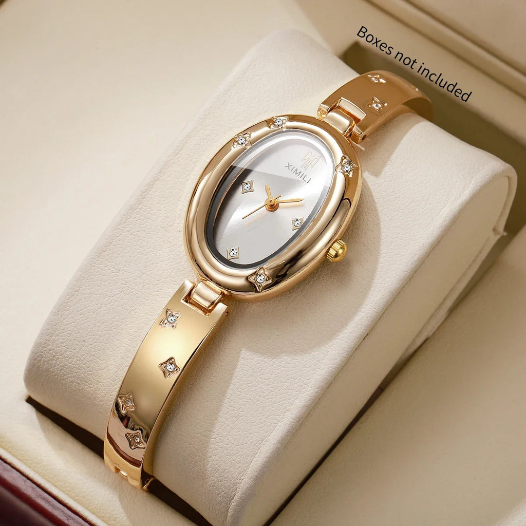 XIMILI Ladies Wristwatch Gold Bangle Band Oval Dial Star Rhinestone Quartz Women Dress Watch