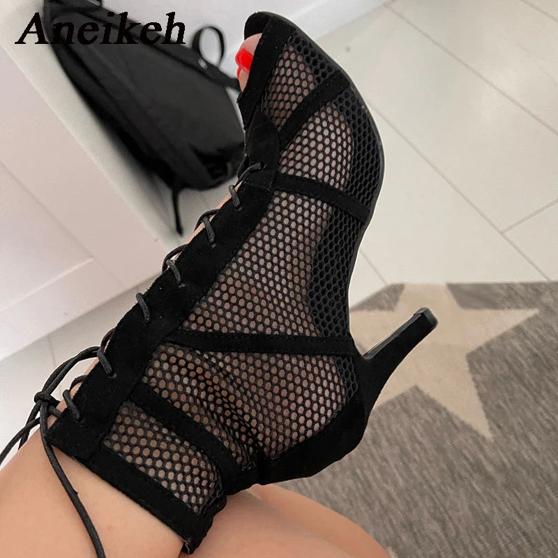 Aneikeh 7CM Middle Heel Dance Hollow Out Ankle Strap Sandal Boots 2025 Fashion Summer Lace Up Cross-tied Peep Toe Lady Shoes