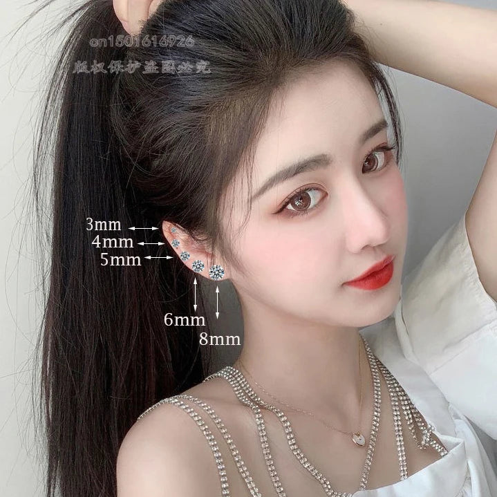 XUBCHC Stainless Steel Round Cubic Zirconia Ear Piercing For Women Men CZ Shiny Silver Color Stud Earrings Black Body Jewelry