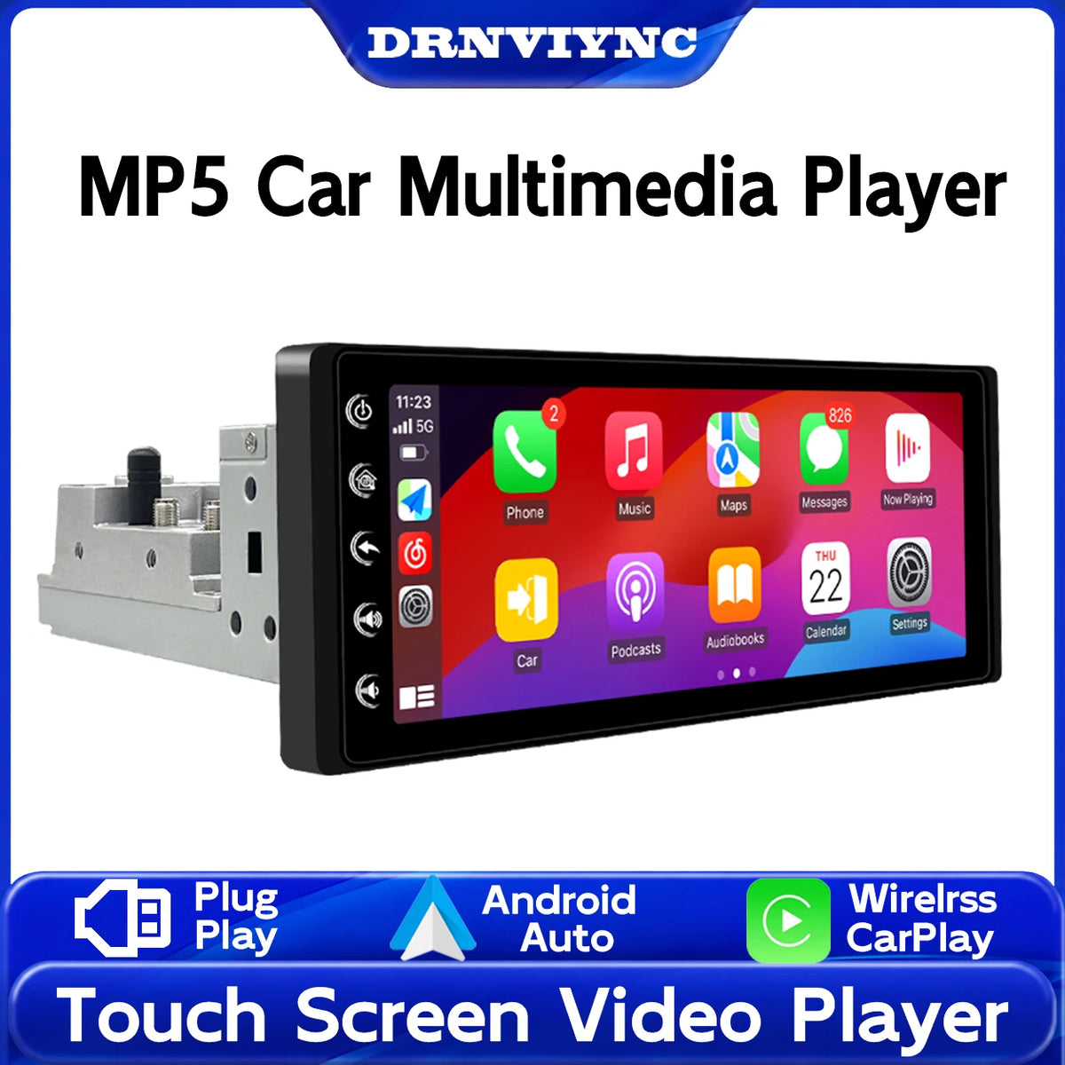 DRNVIYNC 6.9 Inch IPS 1280*480 Touch Screen 1Din Car Radio Wireless CarPlay Android Auto MP5 Player Bluetooth FM USB Car Multimedia Stereo It Mini Microphone Universal Auto Radio Head Unit Carplay Screen Autoradio GPS Navigat