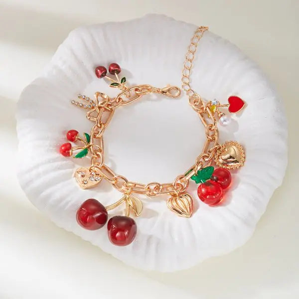 Sweet Cute Red Strawberry Cherry Heart Pearl Charm Bracelet New Fashion Y2K Fruit Gold Color Chain Jewelry Party Gifts 2025