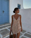 2026 Women White Sequins Mini Dress Sexy Deep V-neck Spaghetti Strap Loose Vestido New Fashion Summer Club Party Evening Dresses