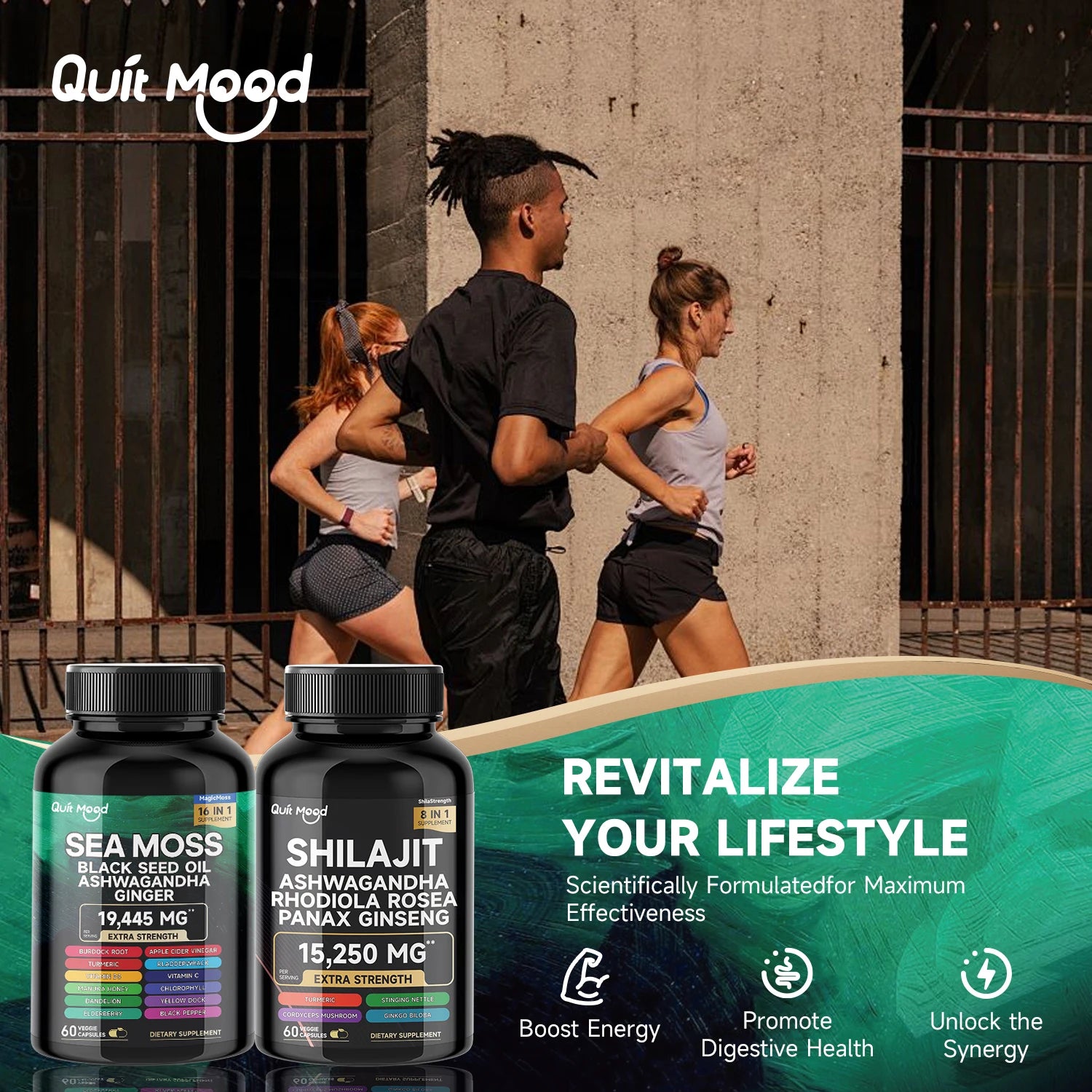 Quitmood Sea Moss Shilajit Energy Bundle for Man & Women, with Black Seed Oil, Ashwagandha, Ginger, Burdock Root, Turmeric