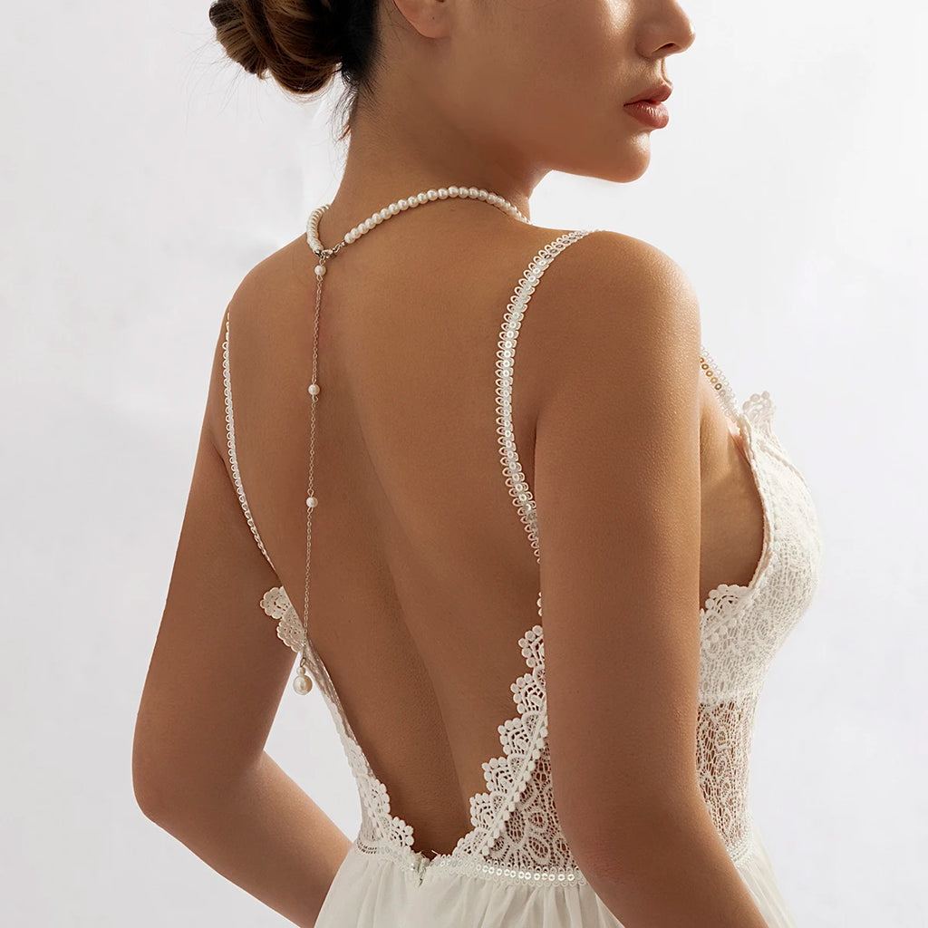 Vintage Elegant Simulated Pearls Clavicle Choker Necklace For Women Long Chain Tassel Pendant Wedding Jewelry Bikini Chest Chain