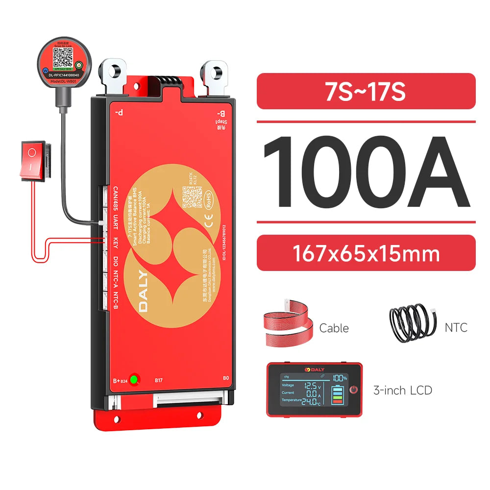 DALY Smart BMS 4S 8S 16S 40A 60A 100A 150A 200A 12V 24V 48V LiFePo4 1A Active Balance BMS with LCD RS485 UART WIFI KEY