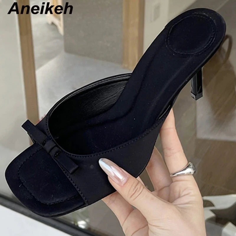 Aneikeh Slipper Mules Low High Heels Shoes 2026 Summer Best Street Look Females Square Head Open Toe Bow Strappy Sandals Women
