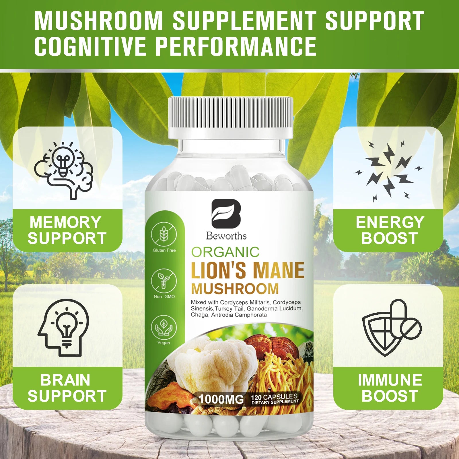 BEWORTHS Lion's Mane Mushroom Capsule Cordyceps Sinensis Strengthens Memory & Cognition Brain,Immune Health Support