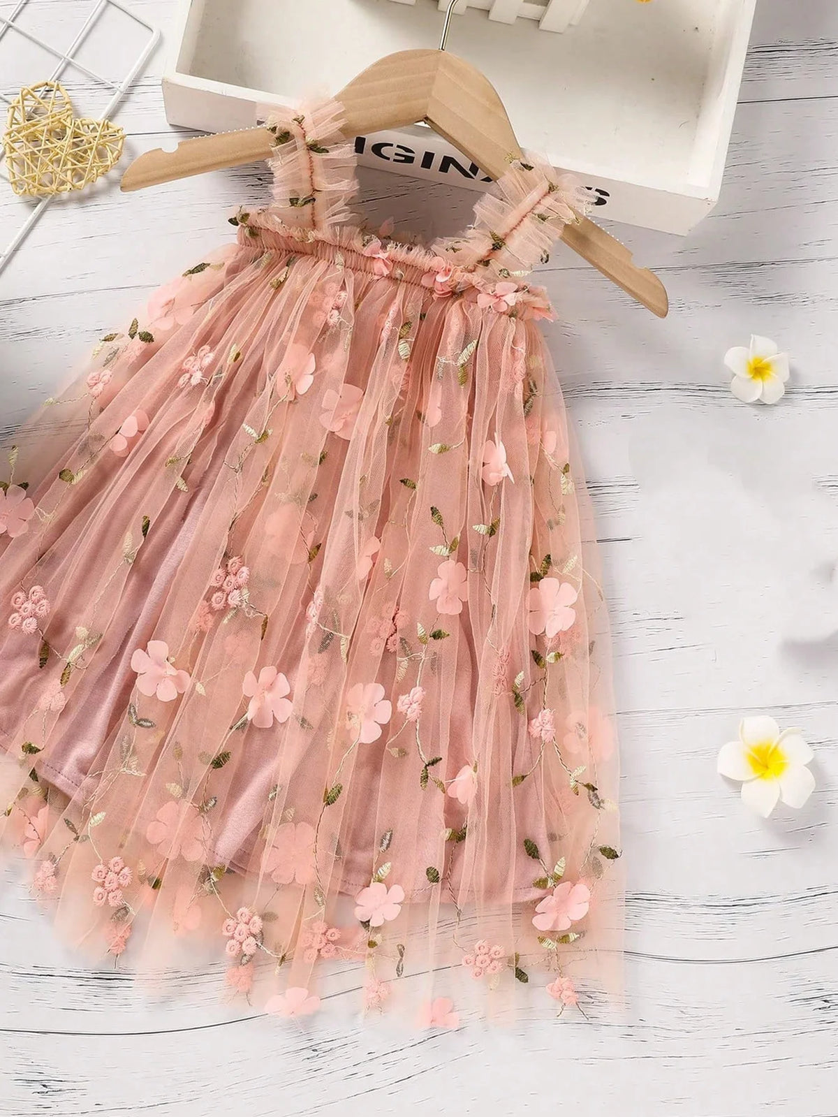 Baby Girl Sleeveless 3D Butterfly Floral Embroidery Ruffle Tulle Dress Toddler Birthday Party Tulle Dress with Headband