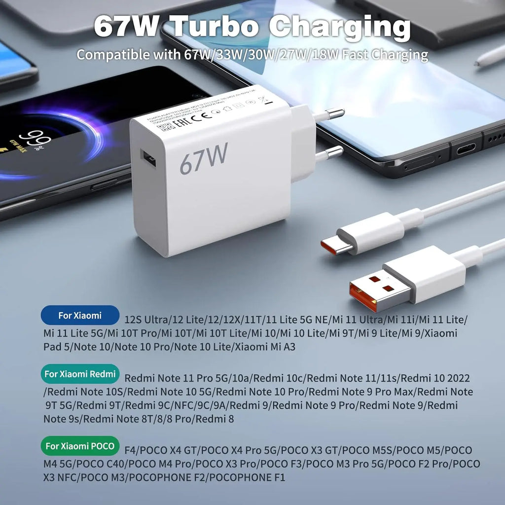 67W 6A Turbo Fast USB Charger For Xiaomi 12 13 14 15 17 Pro Redmi Note 11 12 13 14 Pro POCO X5 X6 X7 Type C Quick Charging Cable