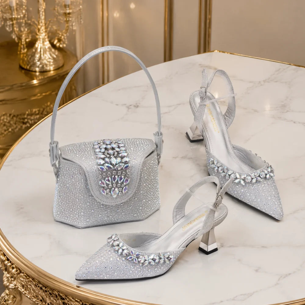 Latest Design Women Nigerian Italian Shoes and Bags Set Decorated with Rhinestone Shoes for Women and Bag 2026 Designer Luxury