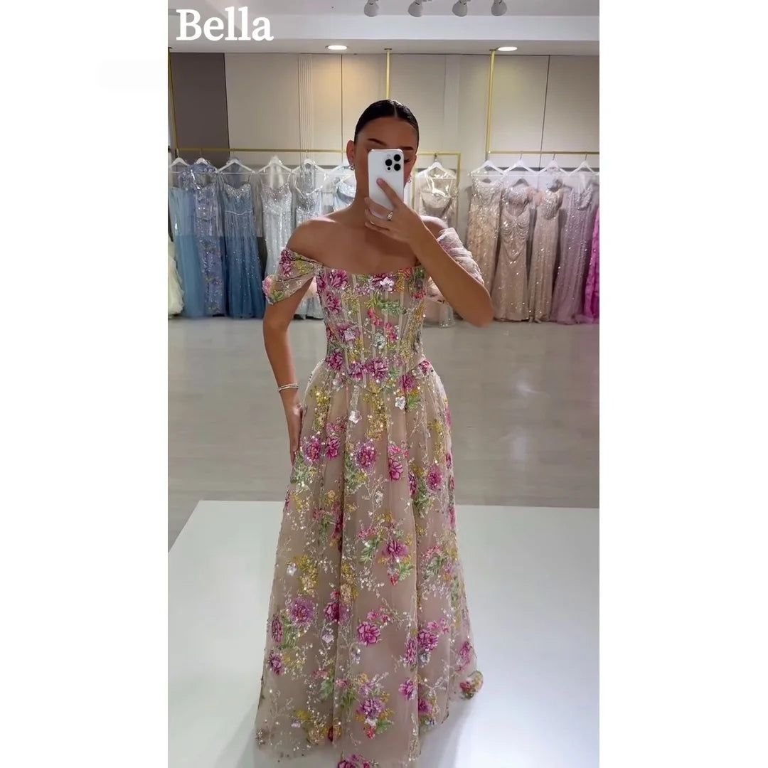 Bella Customized Floral Embroidery Ball Gown Prom Dress 3D Flower vestidos de noche Sequinned Appliques Evening Dresses 2026