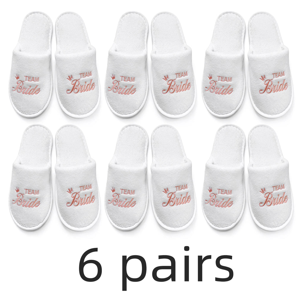 Bridal Party Slippers Set, Close-toe With Golden & Pink Embroidery, Lightweight Plush Cozy Flats, Non-slip Soft Sole For Bride