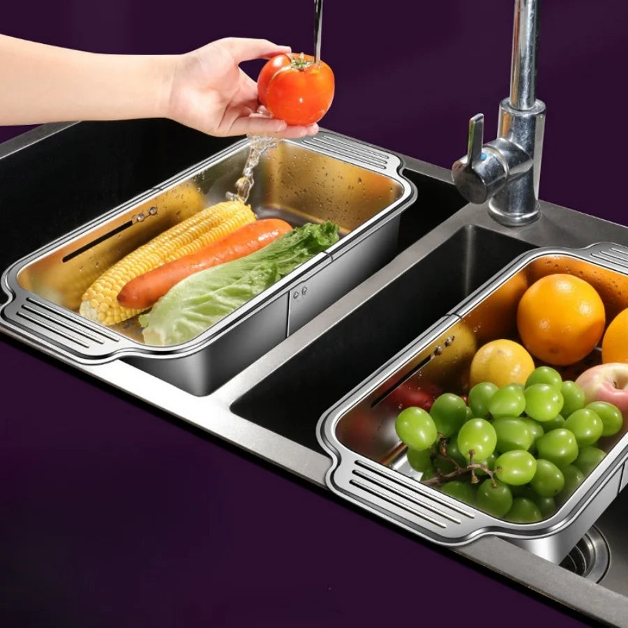 Stainless Steel Telescopic Sink Filter Basket, Adjustable Length, Used for Cleaning Fruits, Draining Spaghetti and Dishes