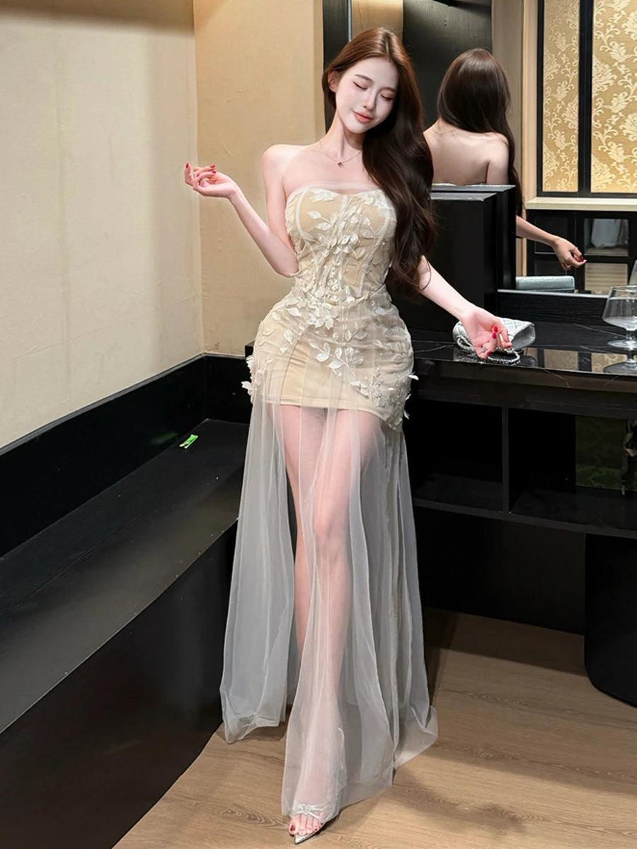 Elegant Hollow out Sleeveless Birthday Party Dress High Waist Split Tube Top Dress for Young Women in Spring Summer Autumn