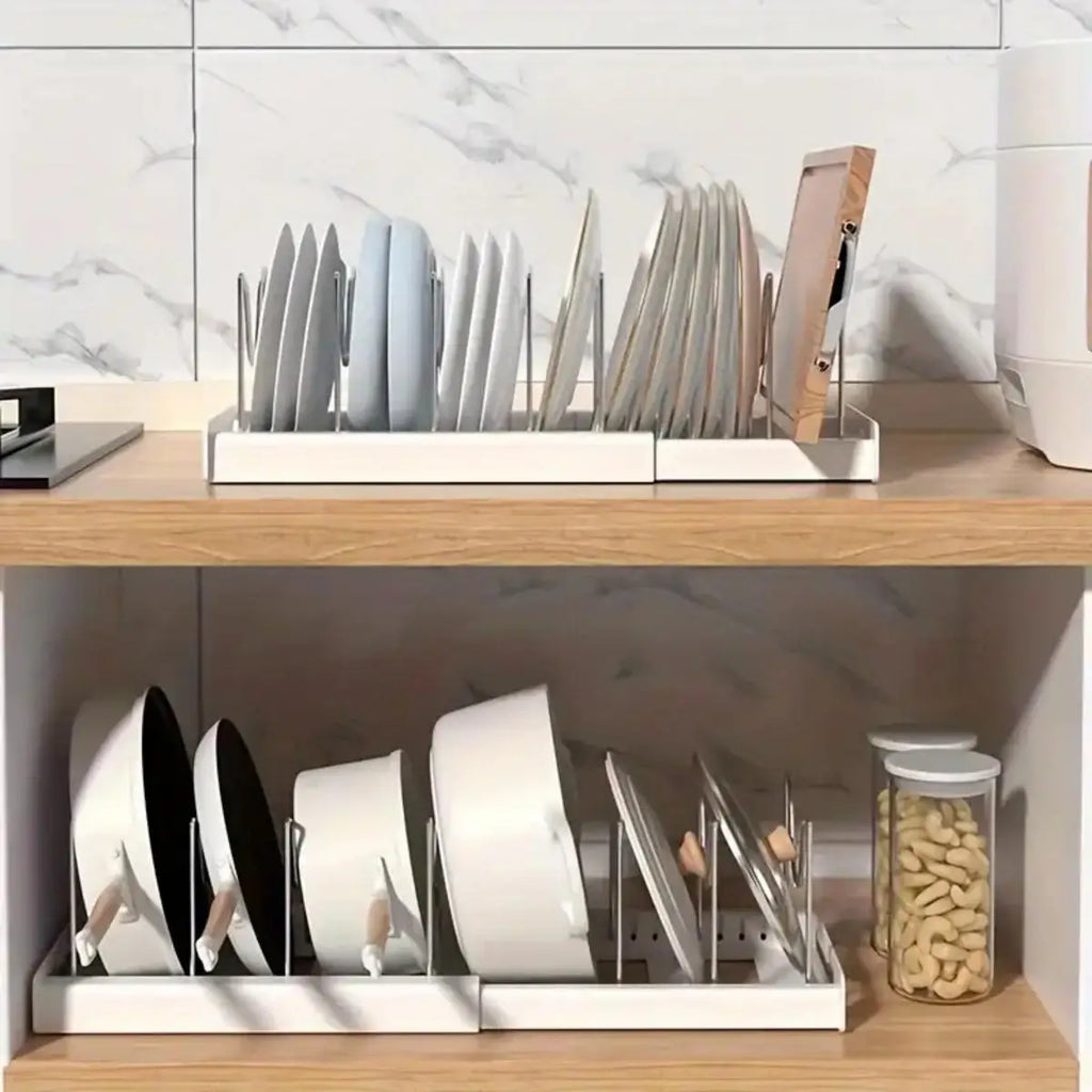 Expandable Kitchen Pot Pan Organizer Under Cabinet with 7 Adjustable Dividers Food Storage Container Lid Storage 1 Pack
