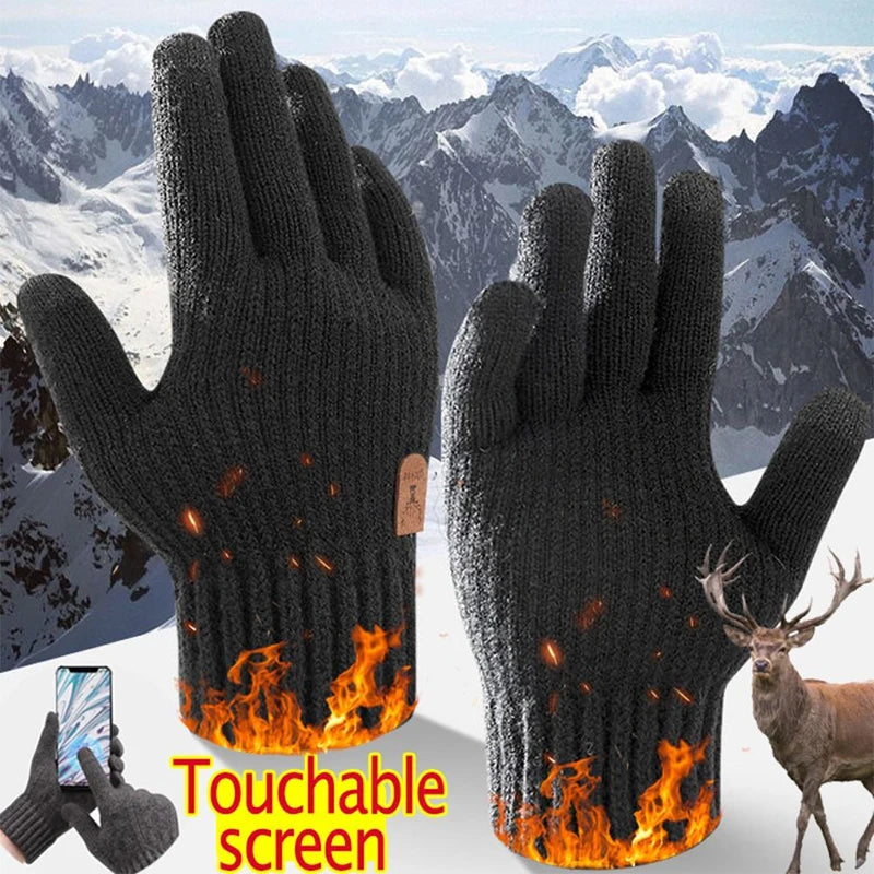 2026 Men's Thermal Wool Knitted Gloves Non-Slip Touchscreen Fleece Lined Warm Full Finger for Cycling Driving Hiking Winter