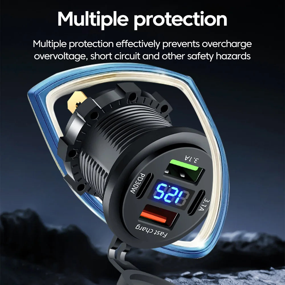 120W USB C Car Charger PD Dual QC 3.0 USB Fast Charging Charger with LED Voltage Display for Cars Boats Motorcycle Auto RV Truck