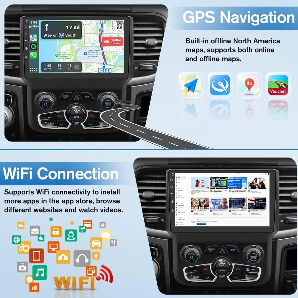 New Android 13 Touch Car Stereo Radio Multimedia Video Player GPS Navigation 5G WiFi Auto Radio For Dodge Ram 2013-2019 Wireless CarPlay Android Auto 9" HD IPS Display Support Cargo Rearview GPS DSP RDS BT AM/FM Auto AC 2GB+3