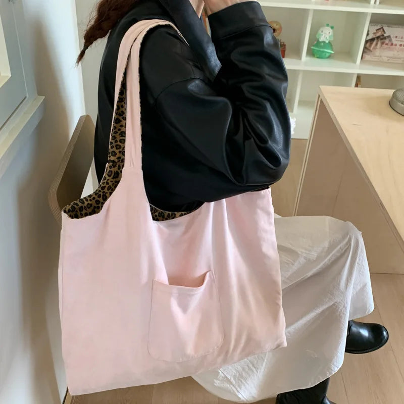 Leopard Print Vest Shoulder Bag for Women Double-sided Female Retro Suede Tote Purse Fall Winter Ladies Contrast Color Handbags