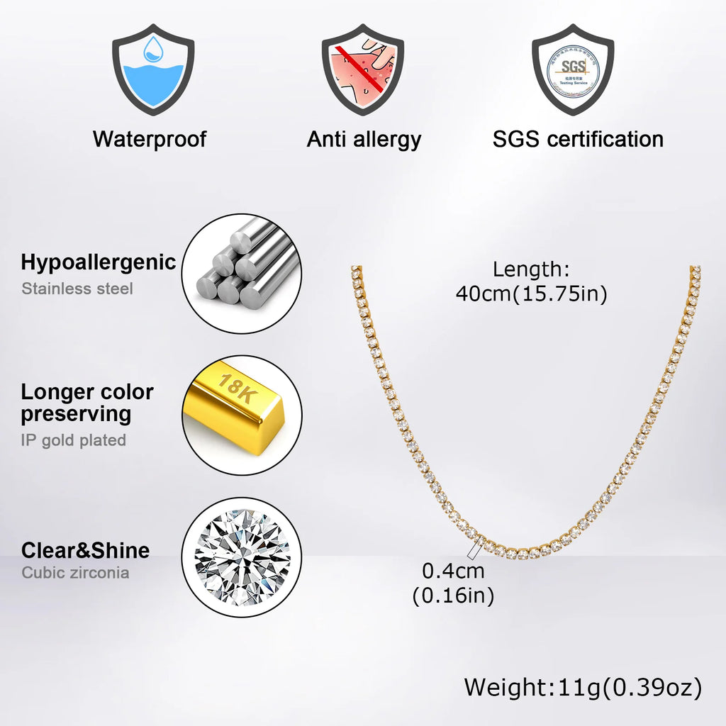 Hip Hop Tennis Chain Necklace for Men,4mm Stainless Steel Zircon Chokers,Luxury Rock Punk Jewelry Gift for Husband Dad Son