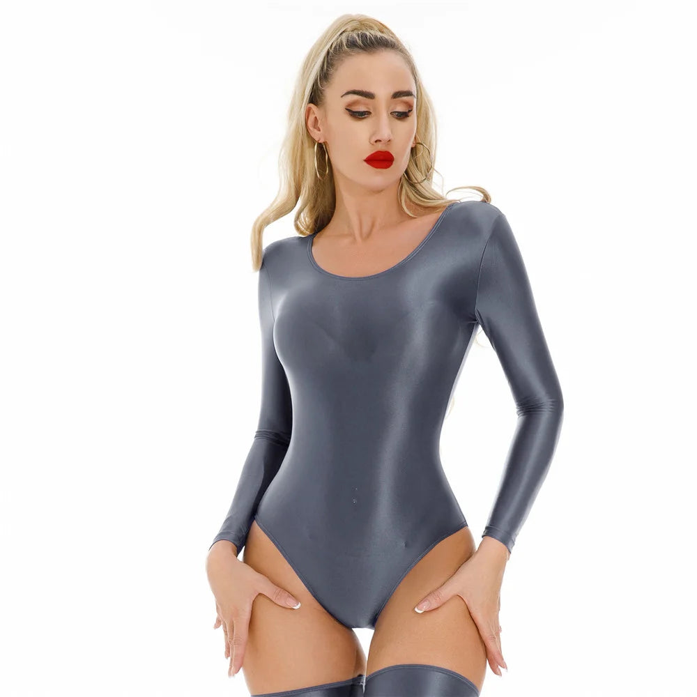 Sexy Women Stain Smooth HIgh Cut Bodysuit Oil Glossy Shiny Elastic Dance Tights Yoga Shaping Leotard One Pieces Thong