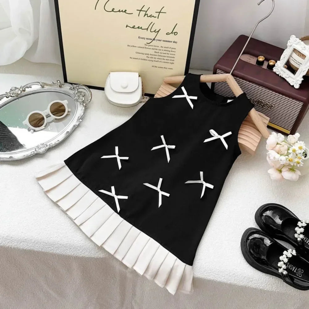 Black Bow Decoration Princess Dresses Korean Version Summer New Sleeveless Girls Dress Sweet and Simple Children's Clothing